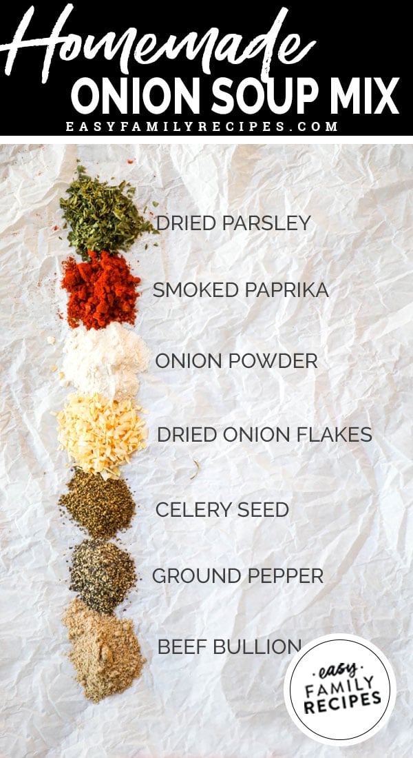 Ingredients and spices for making homemade onion soup mix