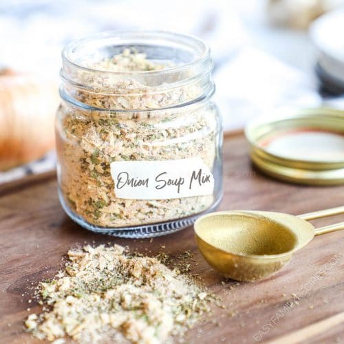 Homemade Onion Soup Mix being stored in a mason jar