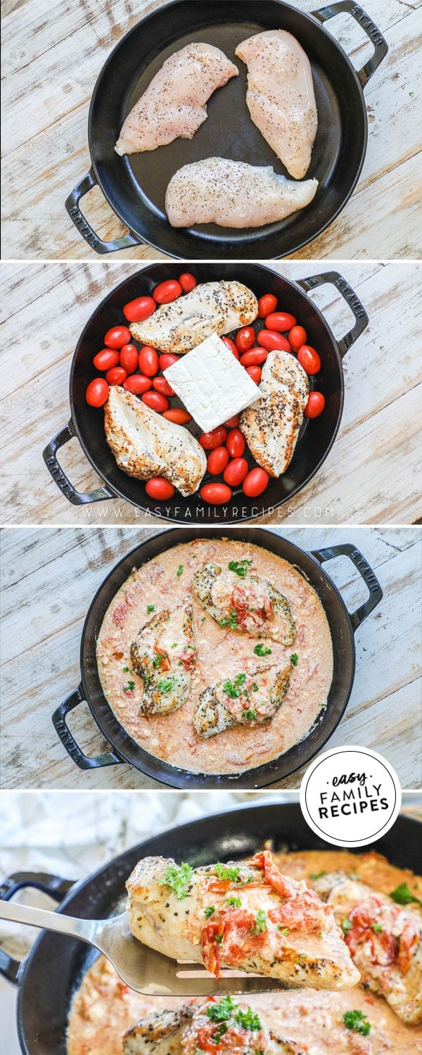 Process photos for how to make Baked Feta Chicken: 1. Brown chicken breast in a skillet 2 Add tomatoes garlic and feta cheese, 3. Bake and mix together