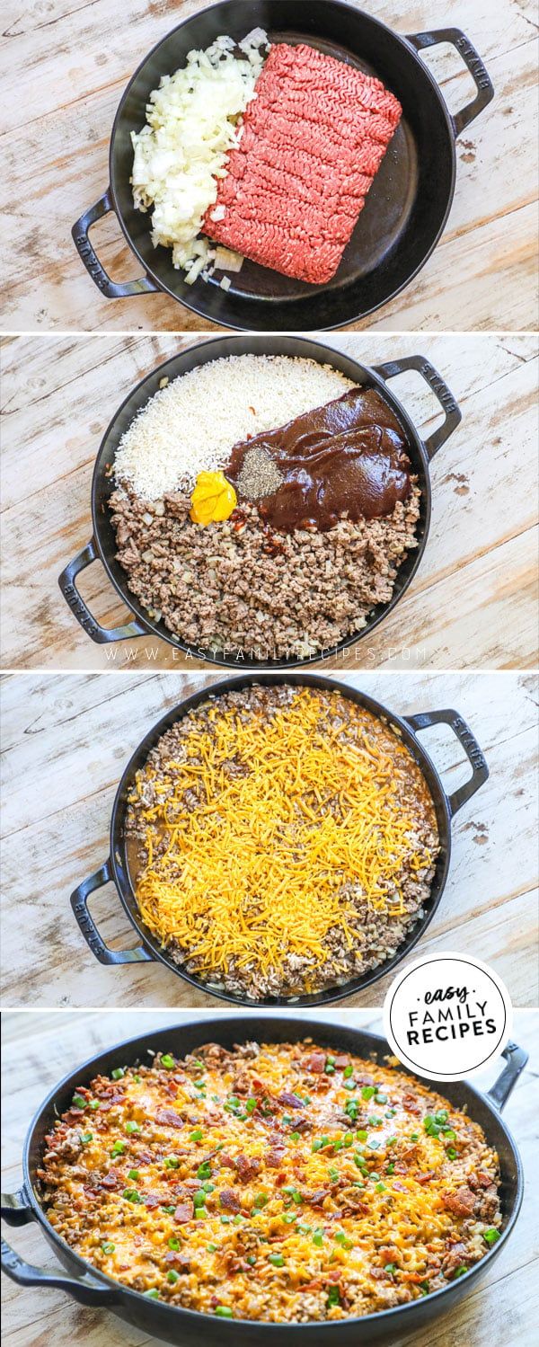 Process photos for how to make Bacon Cheeseburger RIce- 1. Brown ground beef 2. Add BBQ sauce, mustard, rice, and broth 3. Add cheese and simmer 4. Garnish with green onions and bacon