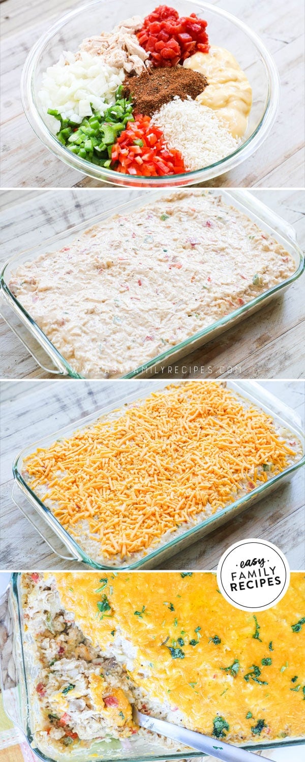 Process photos for how to make chicken fajita casserole - 1. Mix the ingredients together 2. Transfer to casserole dish 3. Cover with cheese and bake