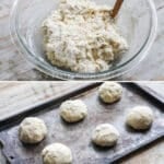 Step by step for making easy no yeast dinner rolls.1. combine butter and yogurt in a bowl. 2 Mix in dry ingredients to form dough. 3. Shape into balls on a baking sheet