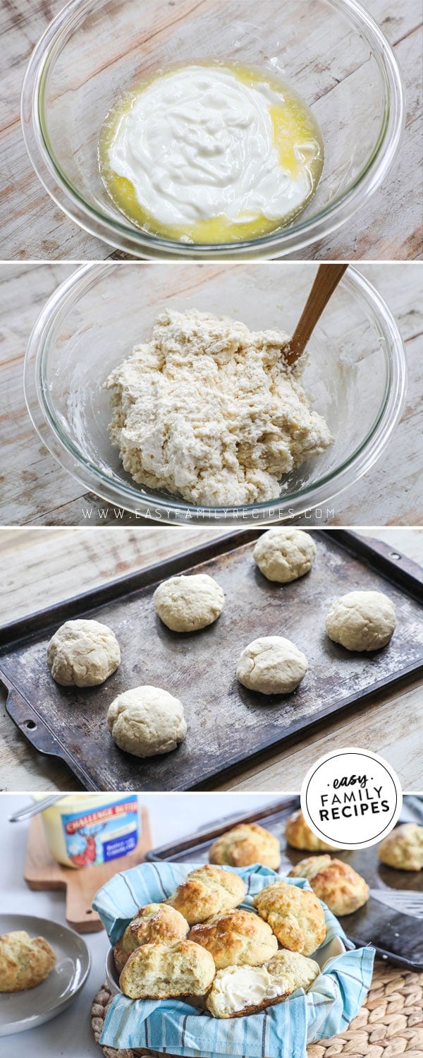 Process photos for how to make dinner rolls without yeast. 1. combine butter and yogurt in a bowl. 2 Mix in dry ingredients to form dough. 3. Shape into balls on a baking sheet