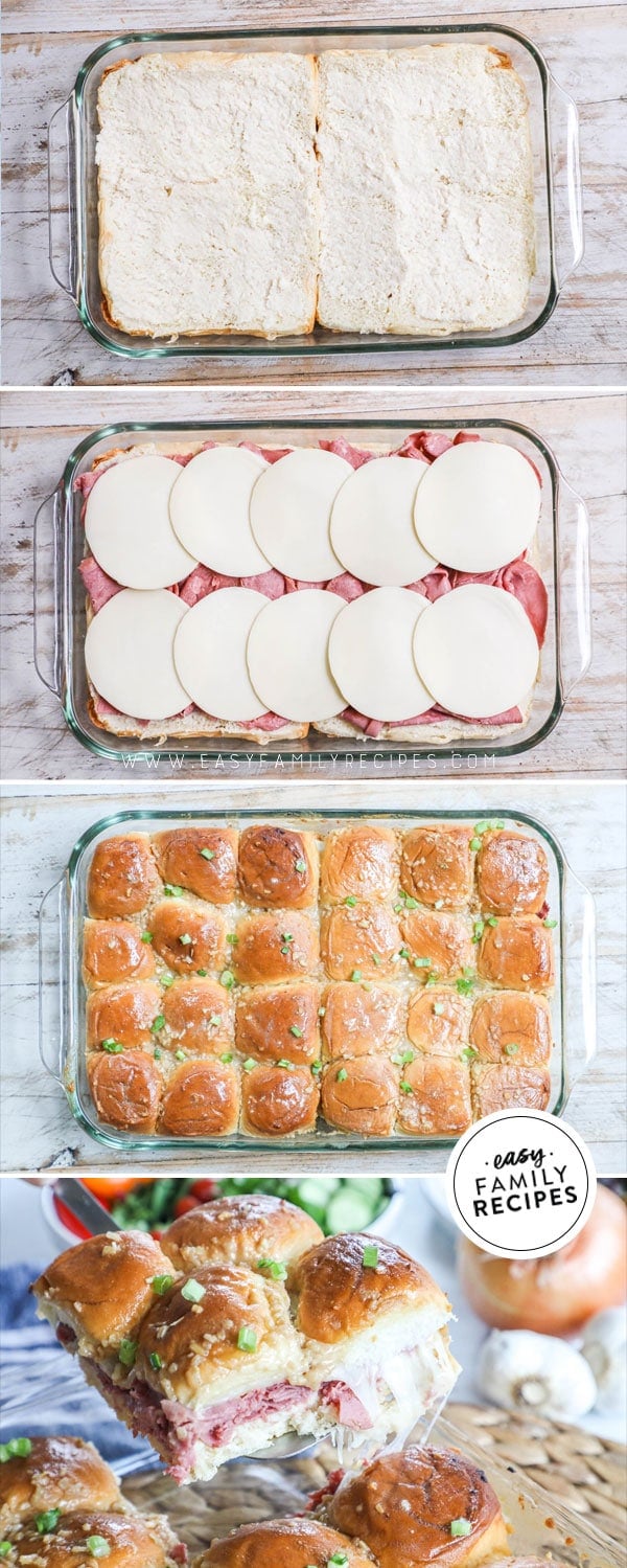 Process photos for how to make baked Roast Beef Sliders 1. Spread rolls with horseradish mayo, 2. Layer roast beef deli meat and cheese, 3. Top with rolls and melted butter mixture