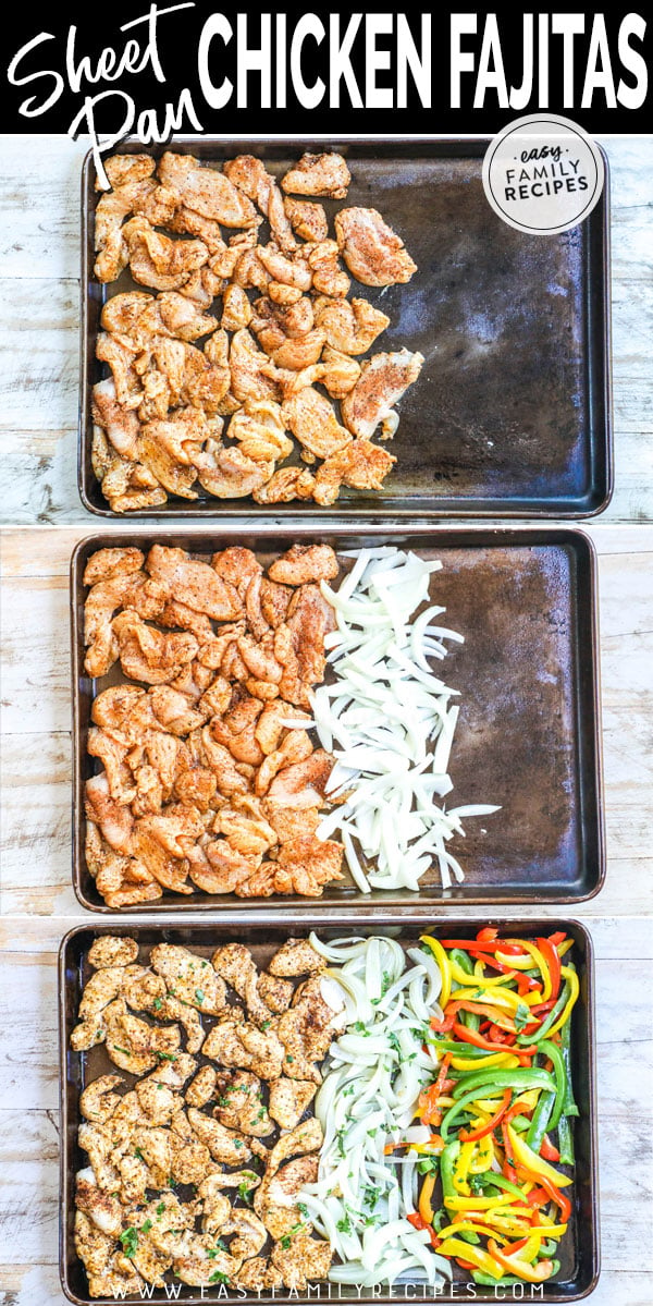 Process photo collage for How to make sheet pan chicken fajitas in the oven 1. Season meat and arrange on pan 2. Slice onions and add to pan 3. Slice red, green and yellow bell peppers and add to pan