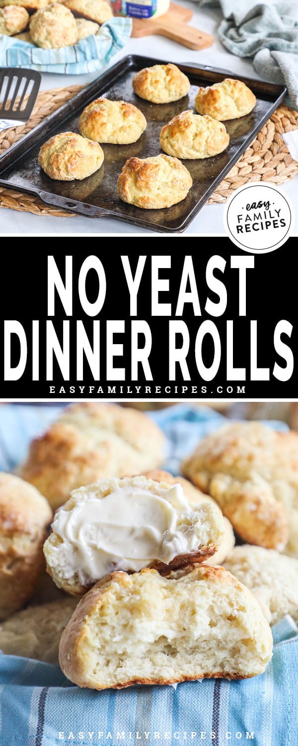 No yeast dinner rolls in a basket and on a table