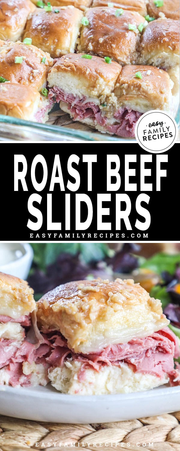 Roast Beef Sliders in a casserole dish top and roast beef slider on a plate, bottom
