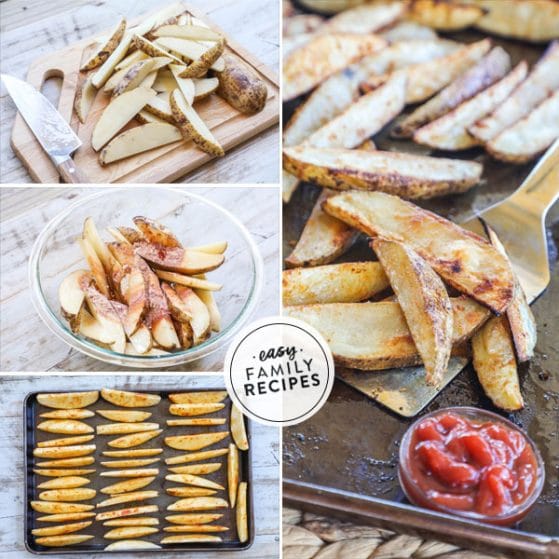 Step by Step for making baked potato wedges recipe 1. Cut potatoes into wedges 2. season and toss with oil 3. Arrange potato wedges on baking sheet. 4. Bake until crispy and golden