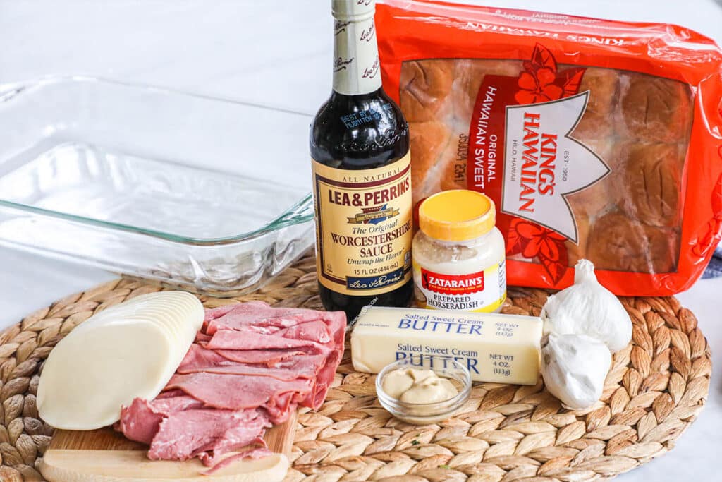 Ingredients for Baked Roast Beef Sliders - Hawaiian rolls, roast beef deli meat, provolone cheese, butter
