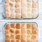 Process photos for how to make baked Roast Beef Sliders 1. Spread rolls with horseradish mayo, 2. Layer roast beef deli meat and cheese, 3. Top with rolls and melted butter mixture