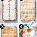 Process photos for how to make baked Roast Beef Sliders 1. Spread rolls with horseradish mayo, 2. Layer roast beef deli meat and cheese, 3. Top with rolls and melted butter mixture
