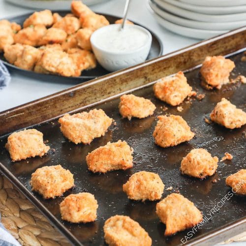 Baked Buffalo Chicken Nuggets on a baking sheet