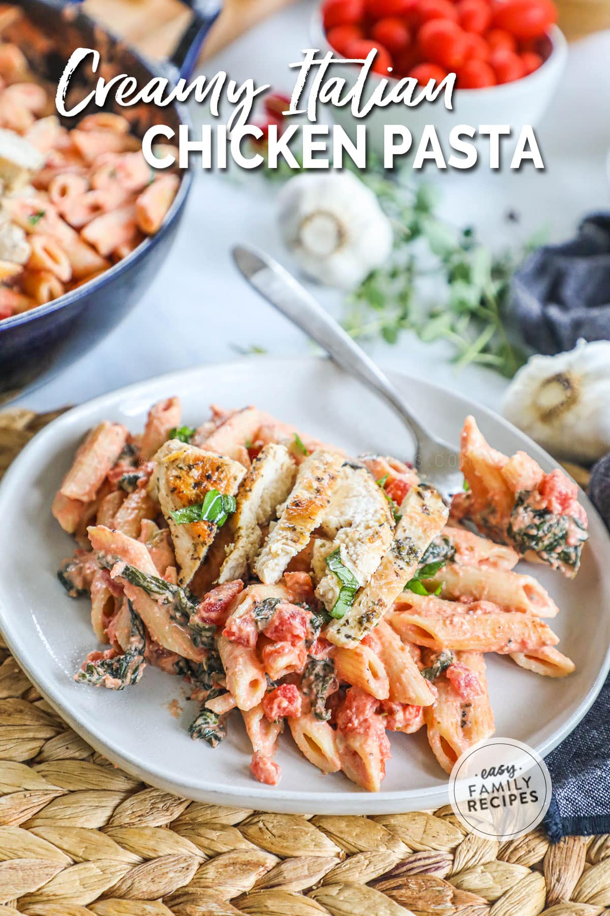 Italian Chicken Pasta on a plate ready to eat for dinner.