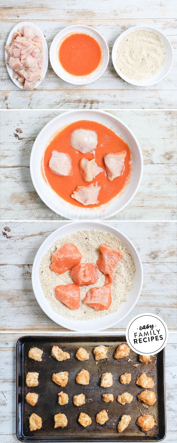 Process photos for how to make baked buffalo chicken nuggets 1. Cut chicken breast 2. Dip in buffalo sauce mixture 3. coat in breading 4. Bake