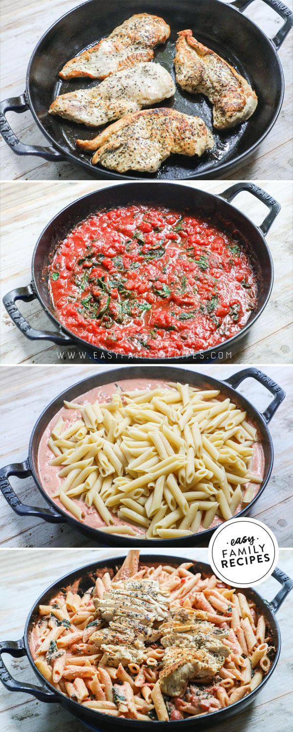 Process photos for Italian Chicken pasta- 1. Brown Chicken on both sides. 2. Make tomato cream sauce 3. Add Pasta 4. Toss everything together