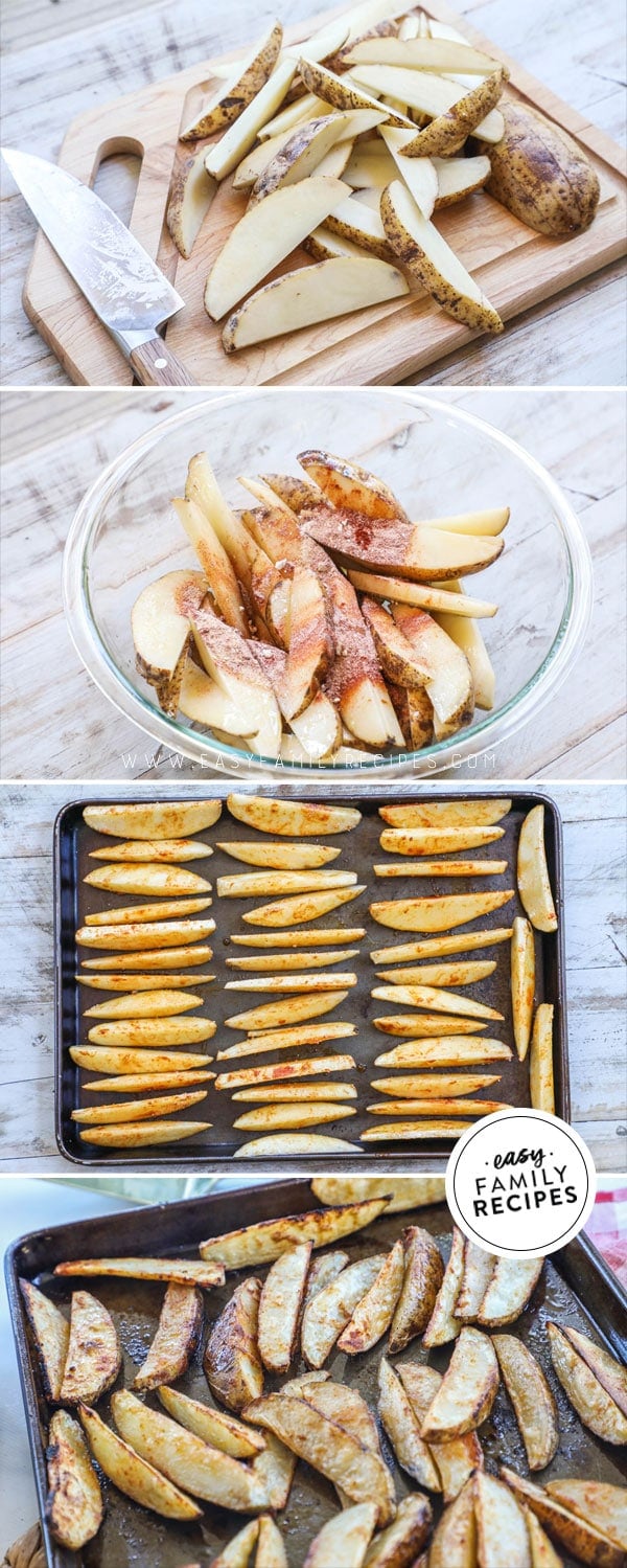 Process photos for how to make crispy potato wedges in the oven 1. Cut potatoes into wedges 2. season and toss with oil 3. Arrange potato wedges on baking sheet. 4. Bake until crispy and golden