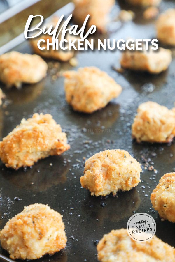 Crispy breaded buffalo chicken nuggets baked in the oven close up