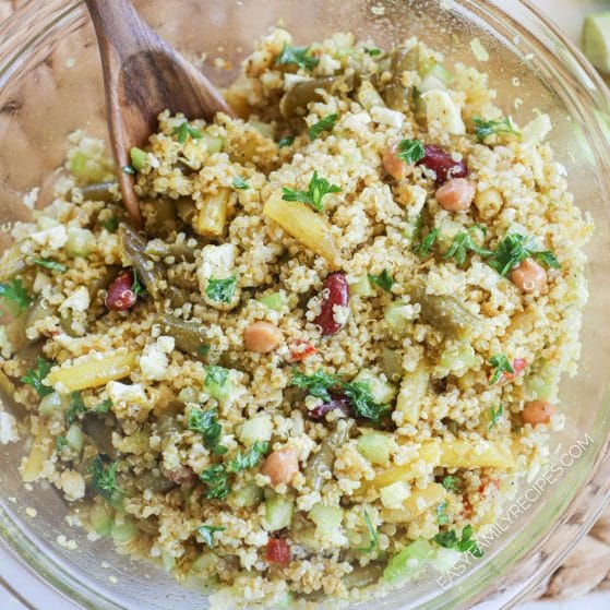 Bowl of 4 Bean Curried Quinoa Salad chilled and ready to eat