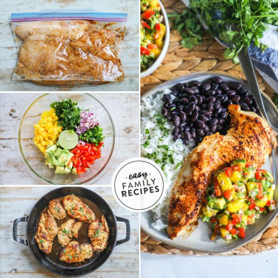 Step by step for making chicken with mango salsa - 1. Season and marinate chicken breast 2. mix mango salsa 3. Cook chicken 4. Plate chicken with mango salsa