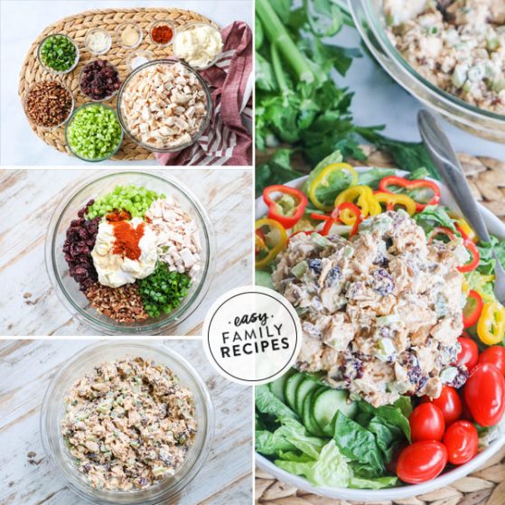 Step by step for making Cranberry Pecan Chicken Salad 1. Gather ingredients 2. Combine chicken, mayo, veggies, nuts and seasonings, 3. Stir together and chill.