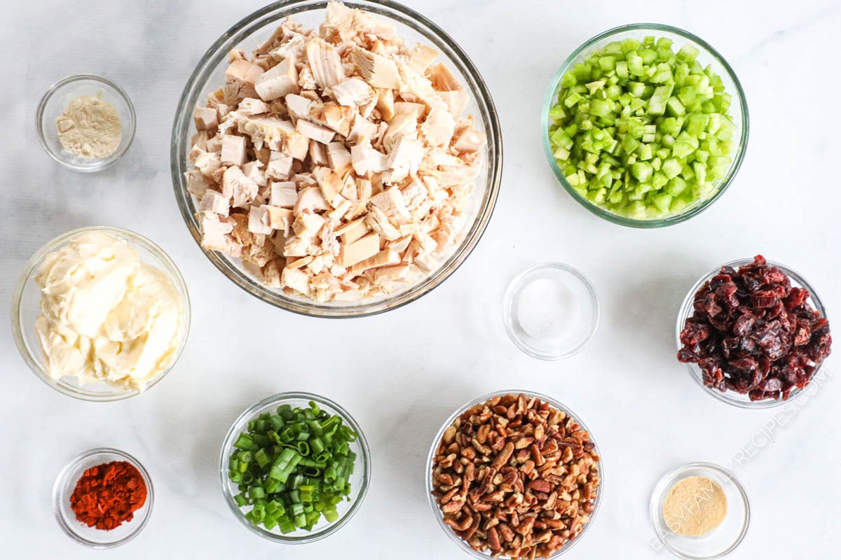 Ingredients for Cranberry Pecan Chicken Salad - Shredded chicken, celery, pecans, mayonnaise, green onion, cranberries, garlic, paprika, salt