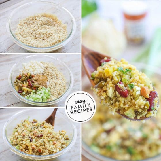 Step by step for making 4 Bean Curried Quinoa Salad - 1. Prepare Quinoa 2. Add 4 Bean Salad, celery, cauliflower, spices and oil. 3. Mix until combined.