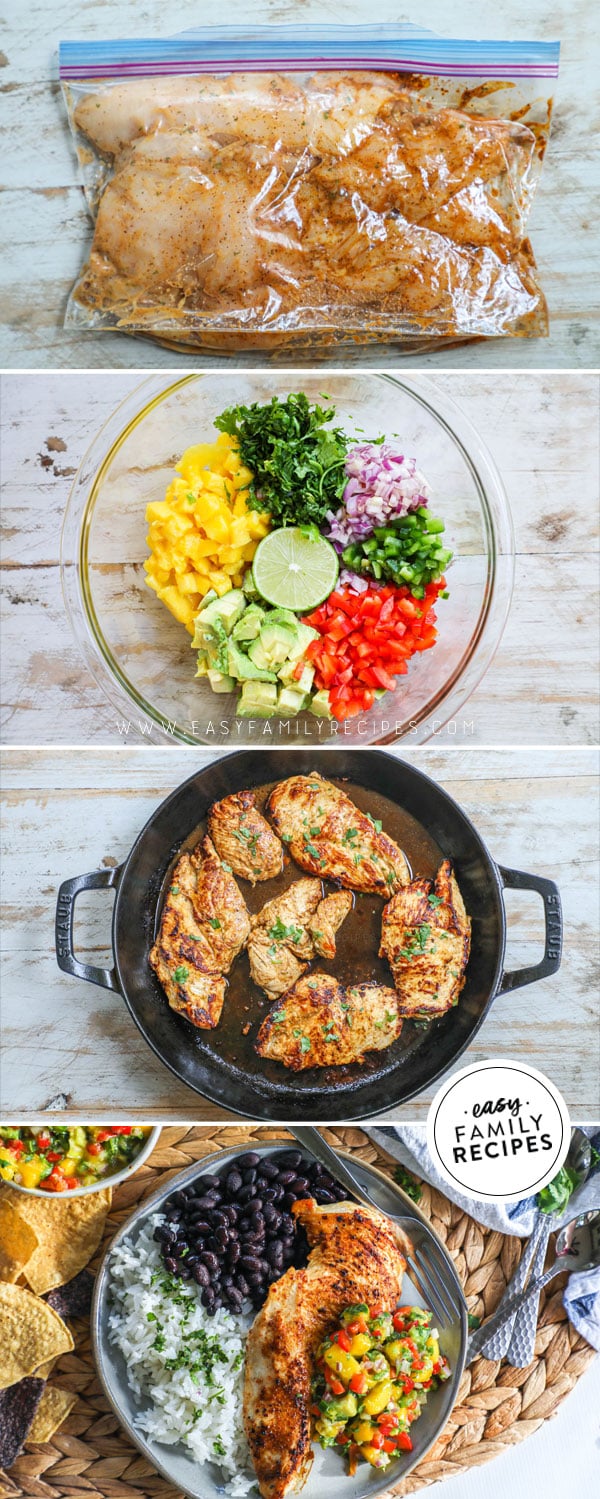 Process photos for how to make chicken with mango salsa 1. Season and marinate chicken breast 2. mix mango salsa 3. Cook chicken 4. Plate chicken with mango salsa