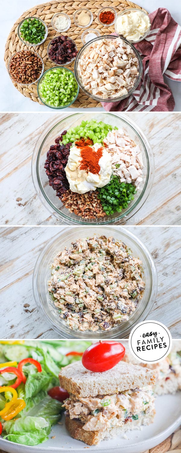 Process photos for how to make creamy cranberry pecan chicken salad 1. Gather ingredients 2. Combine chicken, mayo, veggies, nuts and seasonings, 3. Stir together and chill.