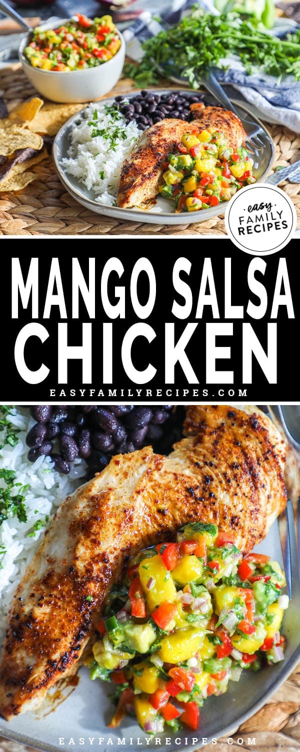 Mango salsa on top of chicken breast served with rice and beans