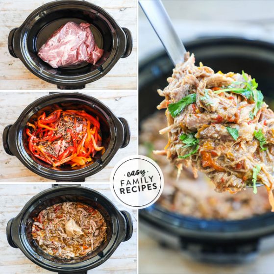 Step by step for making thai pulled pork in slow cooker- 1. Place pork shoulder in slow cooker 2. Cover with peppers and sauces, 3. cook and shred 4. stir in peanut butter and garnish with cilantro
