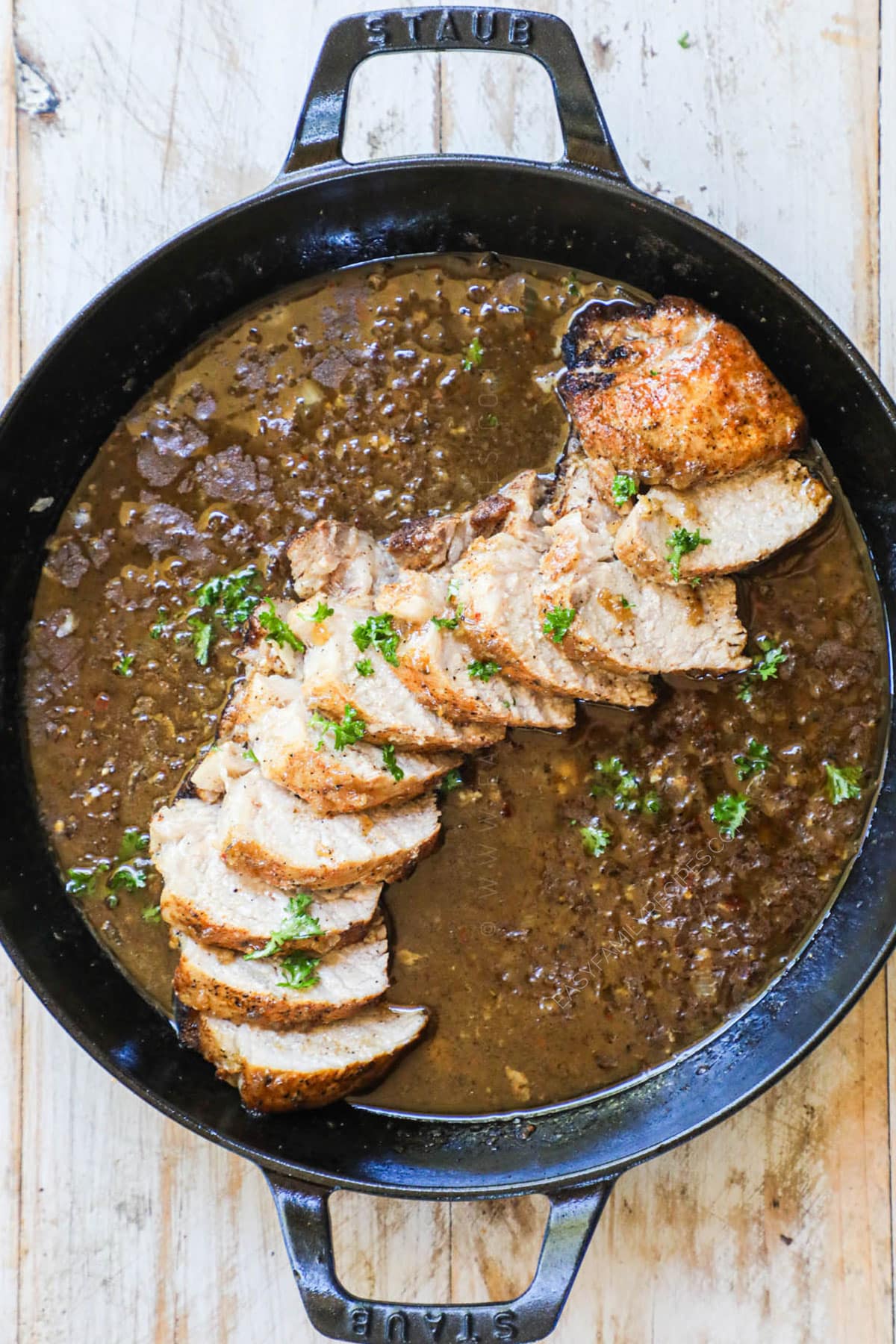 step 4: Add the garlic, oregano, and red pepper flakes and cook 1 minute, then stir in the broth and bring to a simmer. Add cornstarch to thicken, then place tenderloin back into the sauce.
