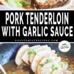 Pork tenderloin sliced and served on a plate with salad in top image. bottom image is pork tenderloin and gravy in a skillet
