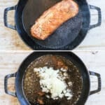 Process photos for how to make garlic pork tenderloin 1. Brown pork tenderloin. 2. Bake pork in oven 3. Make garlic sauce with drippings 4. Combine the pork with the garlic sauce.