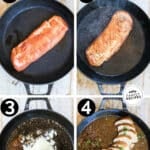 Process photos for how to make garlic pork tenderloin 1. Brown pork tenderloin. 2. Bake pork in oven 3. Make garlic sauce with drippings 4. Combine the pork with the garlic sauce.