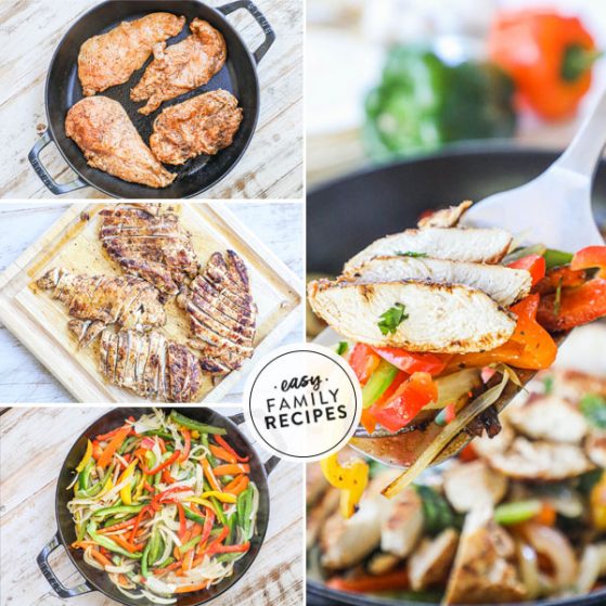 Step by step for making chicken fajitas in cast iron skillet. 1. Cook marinated chicken in cast iron skillet 2. Chop chicken 3. Cook onions and peppers 4. combine onions and peppers with cooked chicken