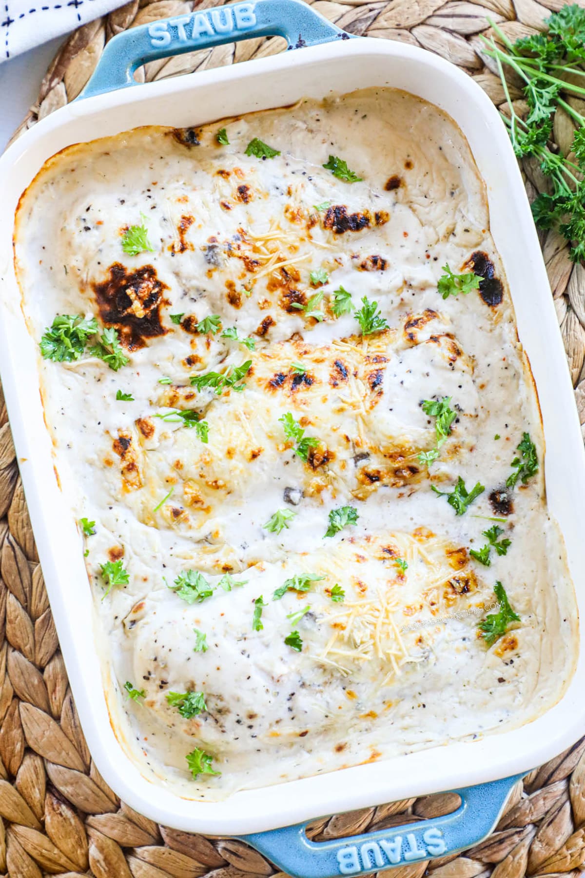 Cream of Mushroom Chicken in a casserole dish ready to serve for an easy dinner.