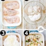 Process photos of how to make baked cream of mushroom chicken casserole.