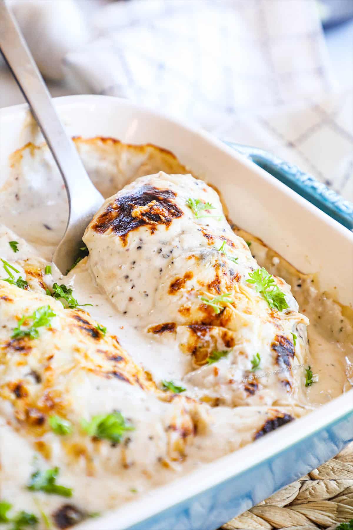 Oven baked Cream of Mushroom Chicken Casserole close up.