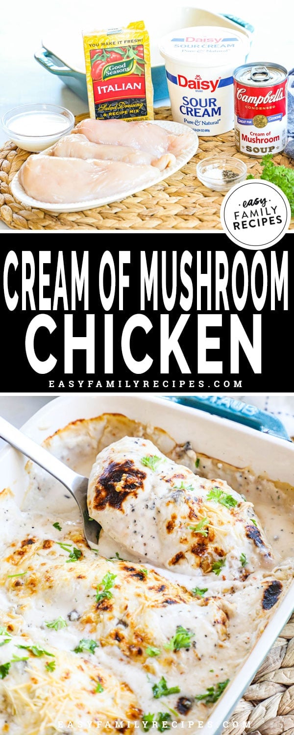 Cream of Mushroom Chicken in a casserole dish ready to be served for an easy dinner