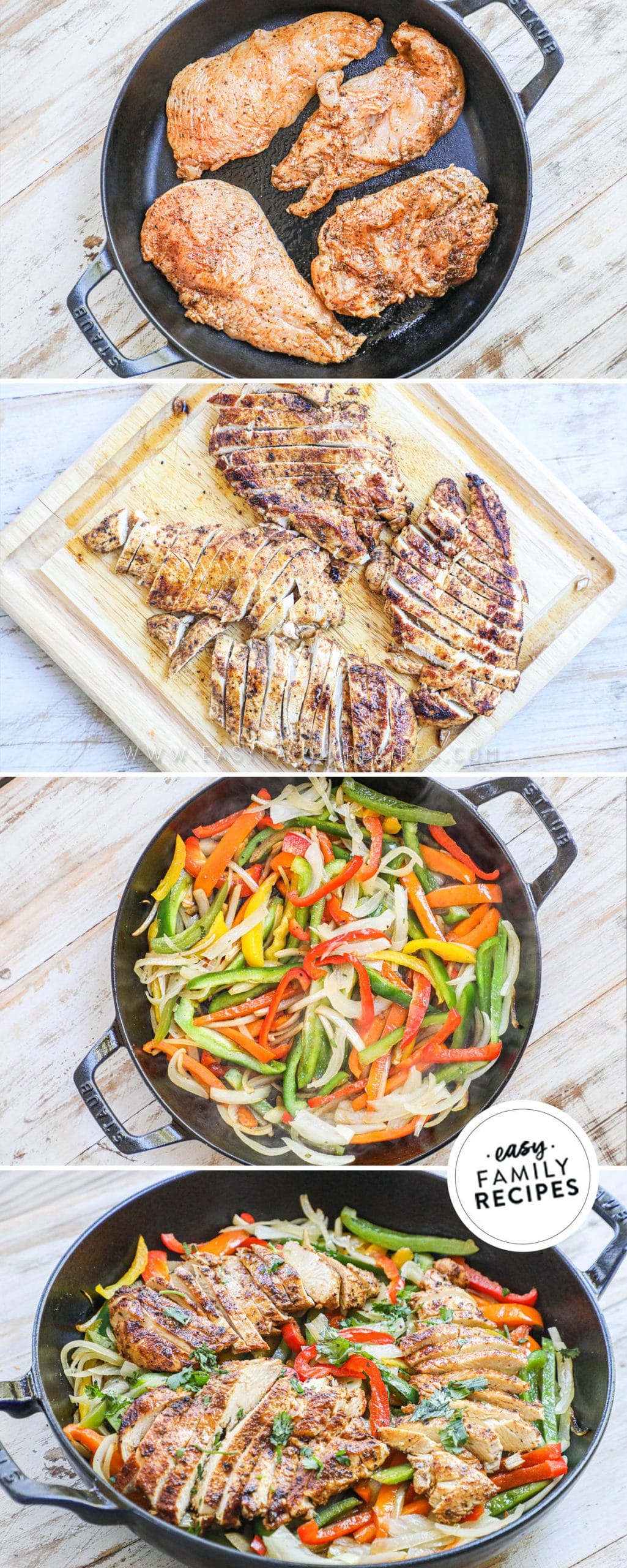 Process photos for how to make chicken fajitas in a skillet 1. Cook marinated chicken in cast iron skillet 2. Chop chicken 3. Cook onions and peppers 4. combine onions and peppers with cooked chicken