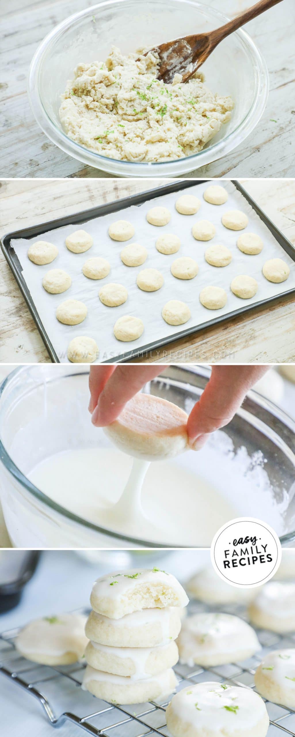 Process photos for how to make key lime cookies: 1. Mix the dough 2. Roll into balls, place on baking sheet, bake 3. Dip in glaze.