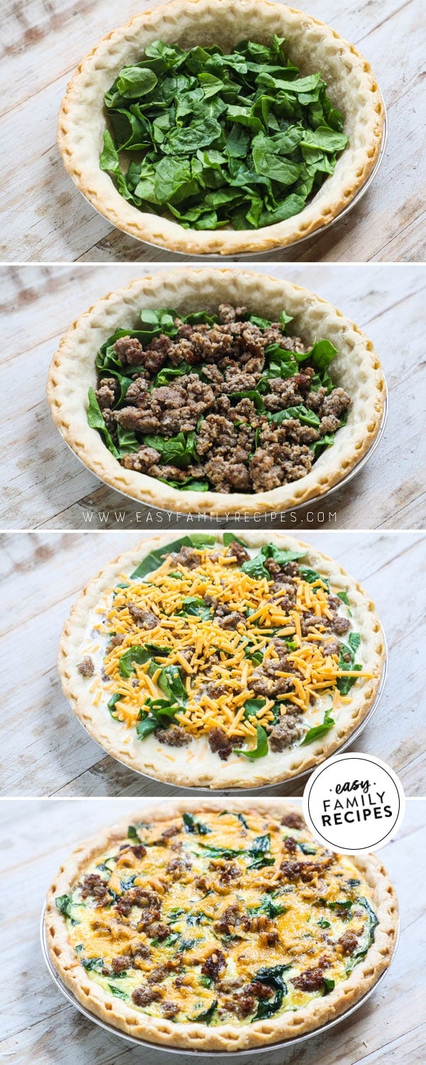 Process photos for how to make spinach quiche with sausage 1. Bake crust 2. add fresh spinach 3. Add browned sausage 4. Pour in egg mixture and top with cheese