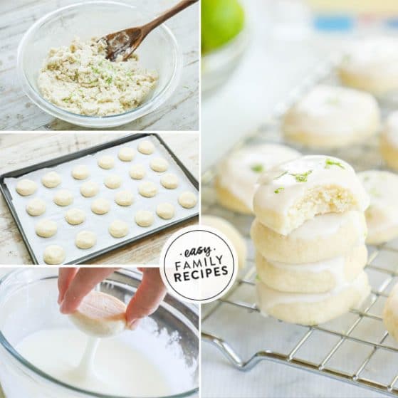 Step by Step for making Key Lime Cookies: 1. Mix the dough 2. Roll into balls, place on baking sheet, bake 3. Dip in glaze