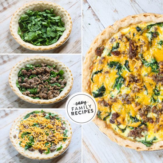 Step by step for making Sausage and spinach Quiche with cheese and fresh spinach