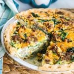Deep Dish Spinach Sausage Quiche cut into slices