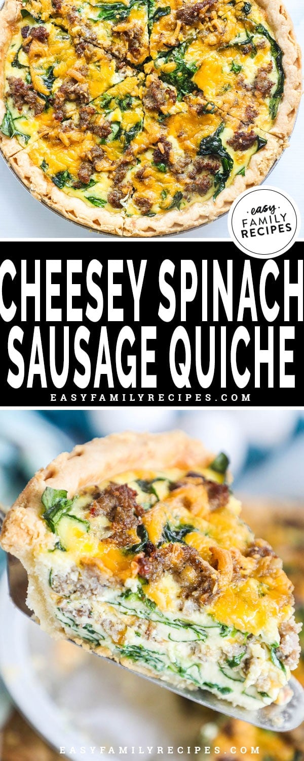 spinach quiche with sausage and cheese in a pie crust