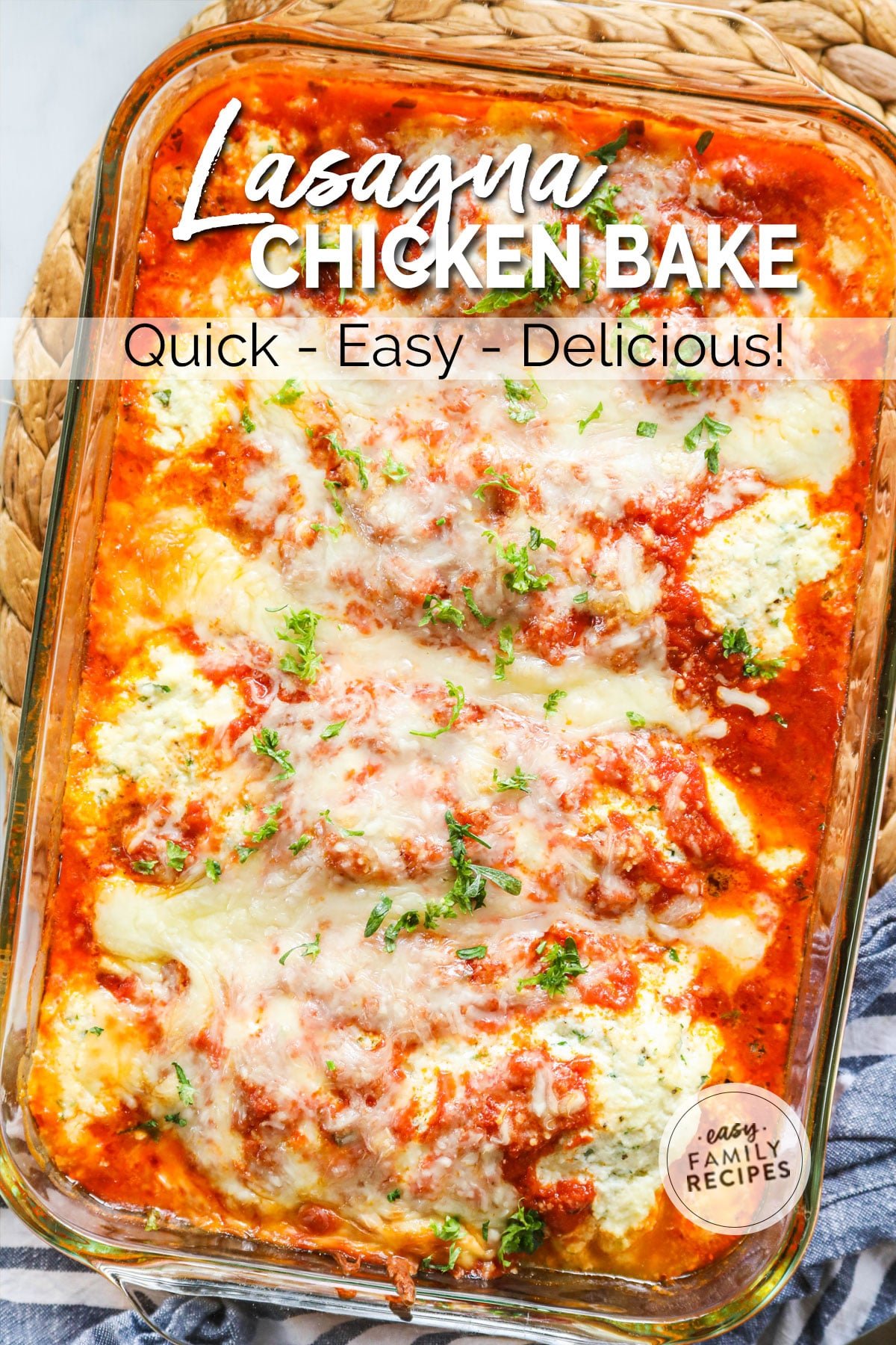 Lasagna Chicken Bake covered in ricotta and tomato sauce in a Casserole Dish