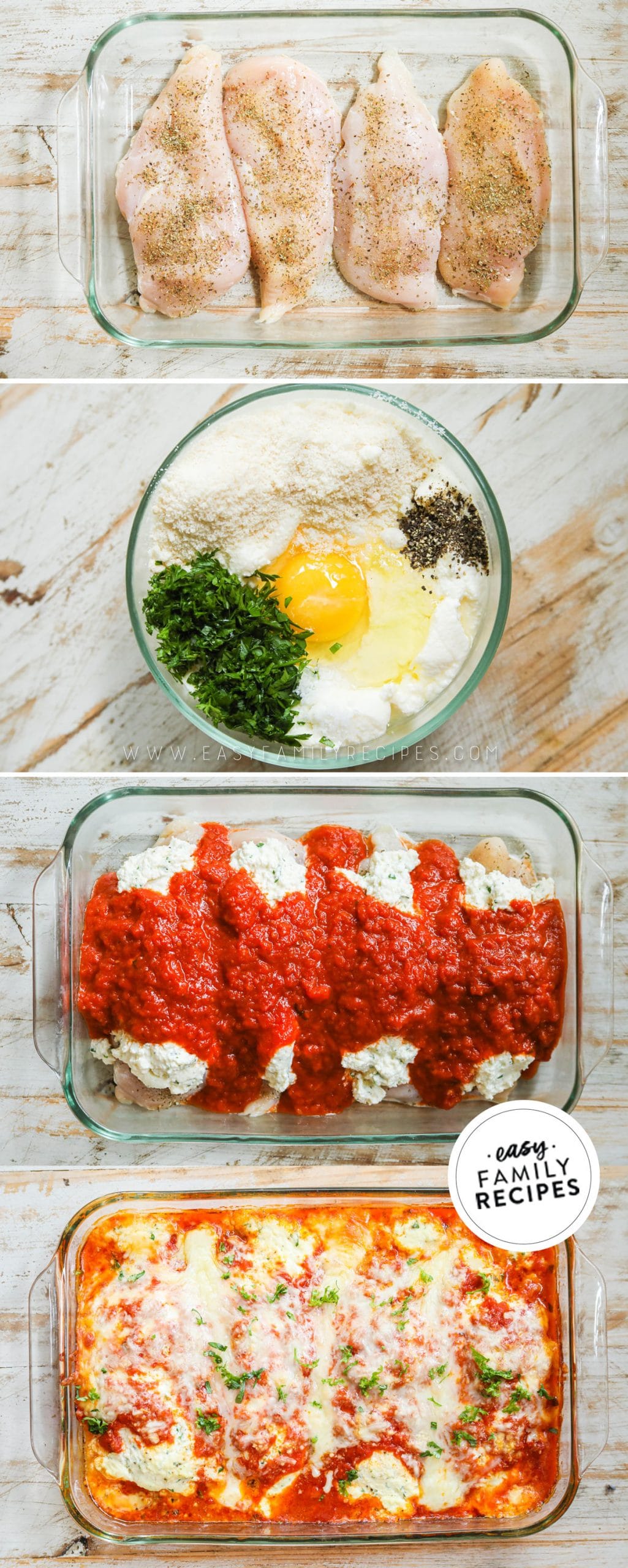 Process photos for making Lasagna Chicken Bake- 1. Season chicken and lay in casserole dish. 2. Mix ricotta with egg, parsley and parmesan. 3. Layer on chicken and cover in red sauce and cheese. 4. Bake until bubbly.