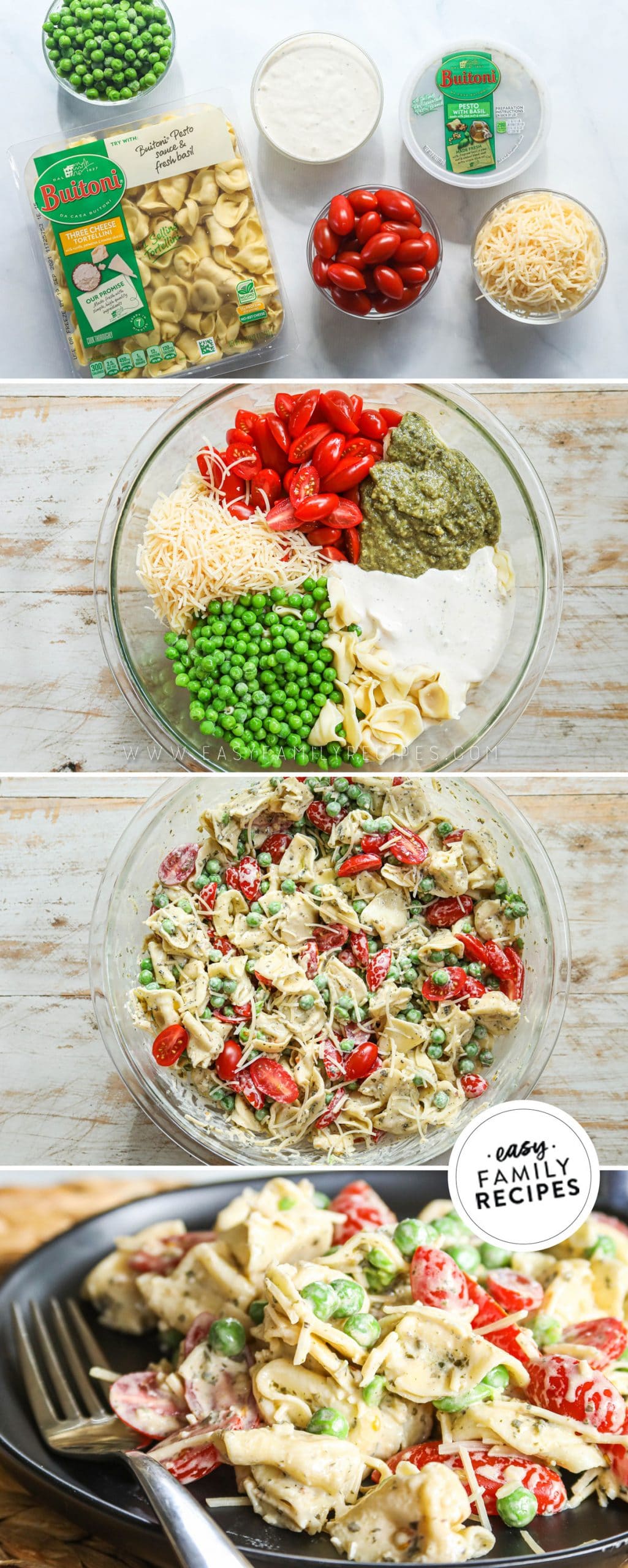 Process photos for how to make Pesto Tortellini Caesar Salad 1. Cook Tortellini 2. Combine tortellini with pesto, caesar dressing, tomatoes, peas, and parmesan. 3. Mix together 4. Serve chilled.