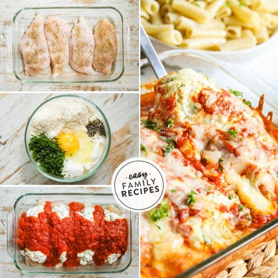 Step by step for making Lasagna Chicken Bake - 1. Season chicken and lay in casserole dish. 2. Mix ricotta with egg, parsley and parmesan. 3. Layer on chicken and cover in red sauce and cheese. 4. Bake until bubbly.
